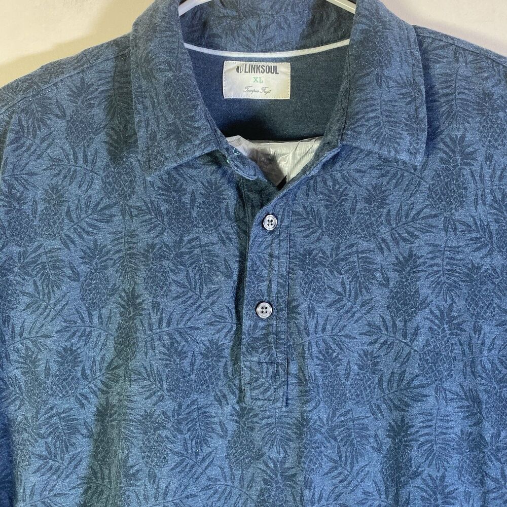 Linksoul Mens XL Pineapple Polo Shirt Short Sleeve Blue Tropical Golf